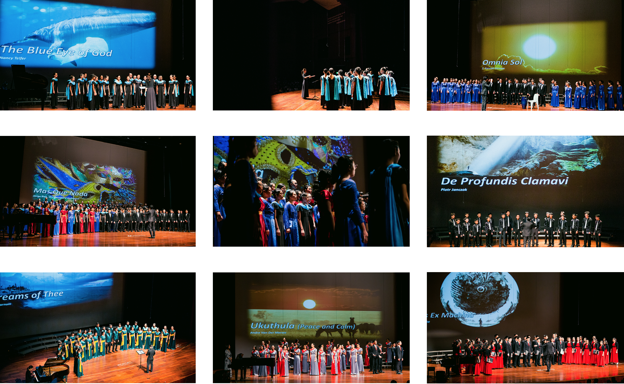 Nine photos of choir performances on stage with large projected backdrops and singers in colorful robes.
